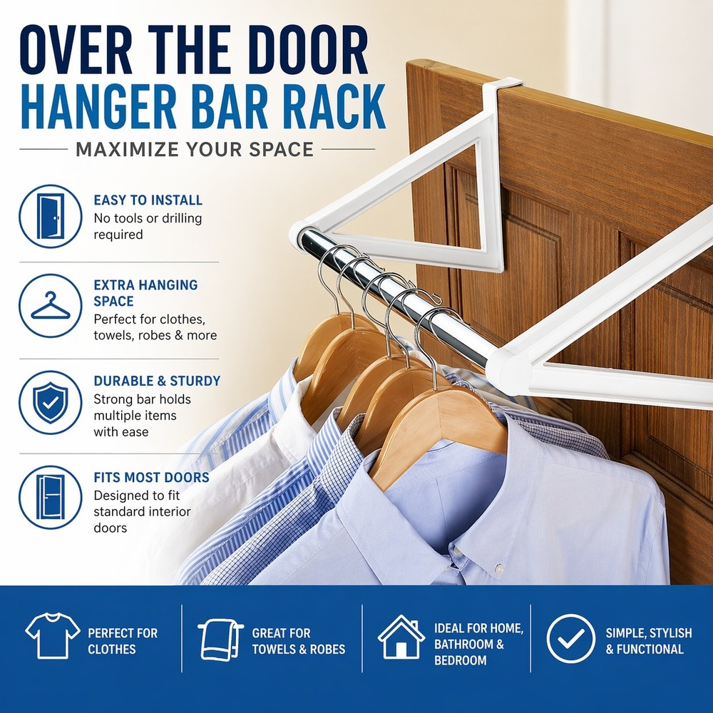 Over the Door Hanger Bar Rack White Metal Closet Organizer Hanging Clothes Rail